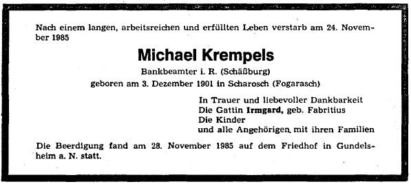 Krempels Michael 1901-1985 Todesanzeige